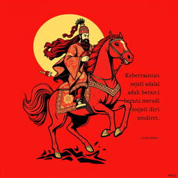 A vibrant t-shirt design featuring Guan Gong, the revered Chinese figure, depicted in a heroic pose as he rides his majestic red horse