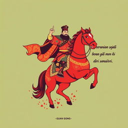 A vibrant t-shirt design featuring Guan Gong, the revered Chinese figure, depicted in a heroic pose as he rides his majestic red horse