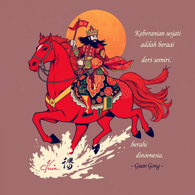 A vibrant t-shirt design featuring Guan Gong, the revered Chinese figure, depicted in a heroic pose as he rides his majestic red horse