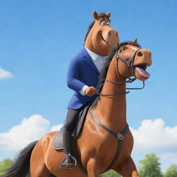 A cartoon character named 'Big Lez' confidently riding on a horse in a daytime setting, with a bright blue sky background