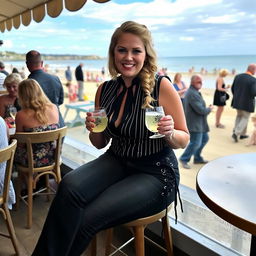 A curvy blonde woman with hair styled in a sexy plait, sitting in a cafe overlooking the beach at Lyme Regis