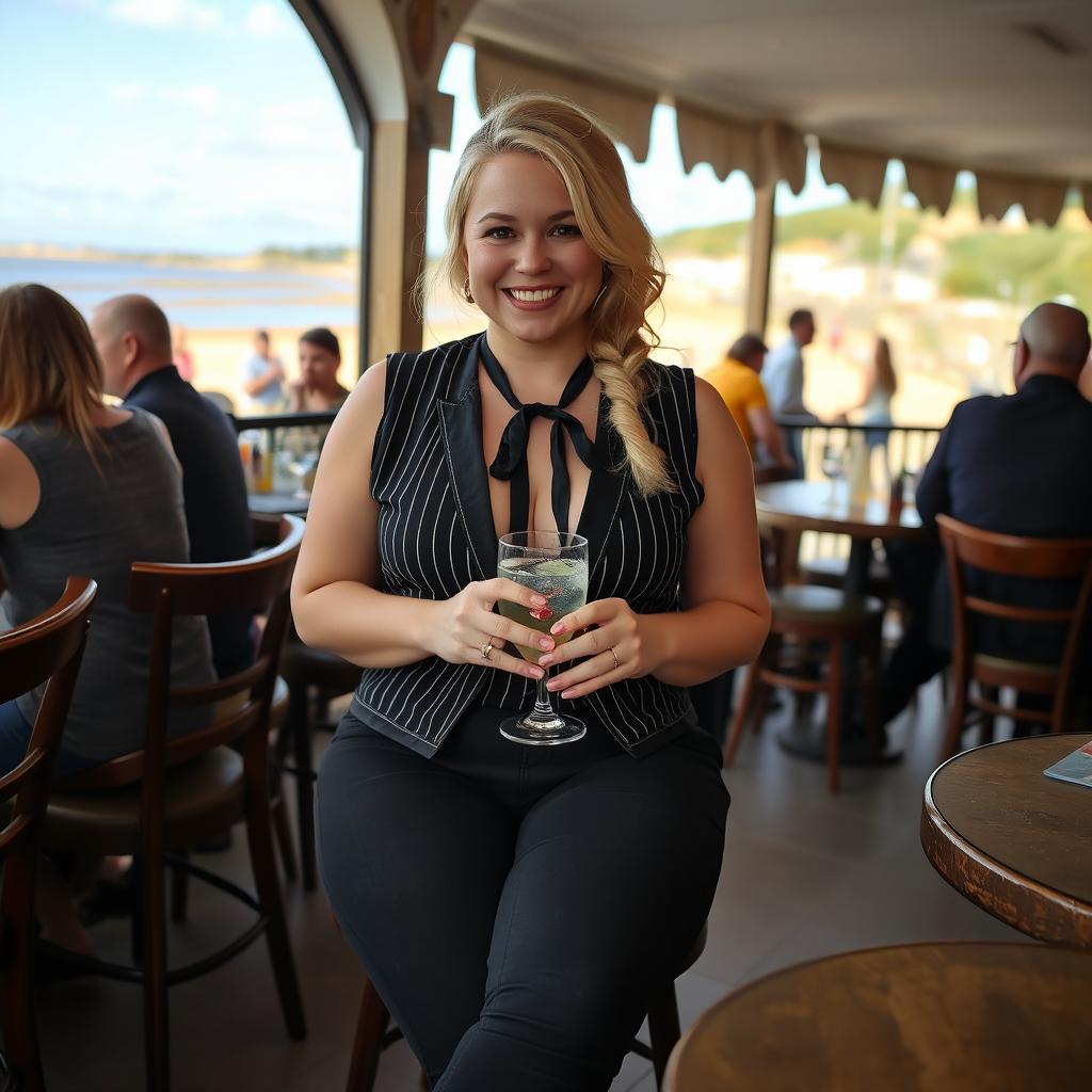 A curvy blonde woman with hair styled in a sexy plait, sitting in a cafe overlooking the beach at Lyme Regis