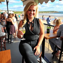 A curvy blonde woman with hair styled in a sexy plait, sitting in a cafe overlooking the beach at Lyme Regis