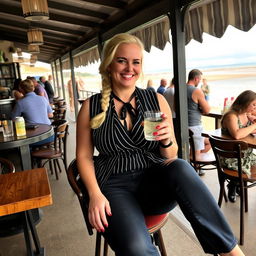 A curvy blonde woman with hair styled in a sexy plait, sitting in a cafe overlooking the beach at Lyme Regis