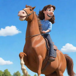 A cartoon character named 'Big Lez' confidently riding on a horse in a daytime setting, with a bright blue sky background