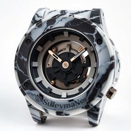 A watch case crafted from a blend of white and black plastic, creating a striking marble-like appearance, with the company name 'Suleymanov' elegantly embossed