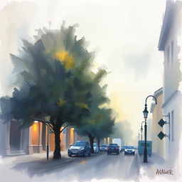 Pale-colored wide brush watercolor Impressionism painting on rough plaster canvas, depicting a landscape in an evening street