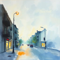 Pale-colored wide brush watercolor Impressionism painting on rough plaster canvas, depicting a landscape in an evening street