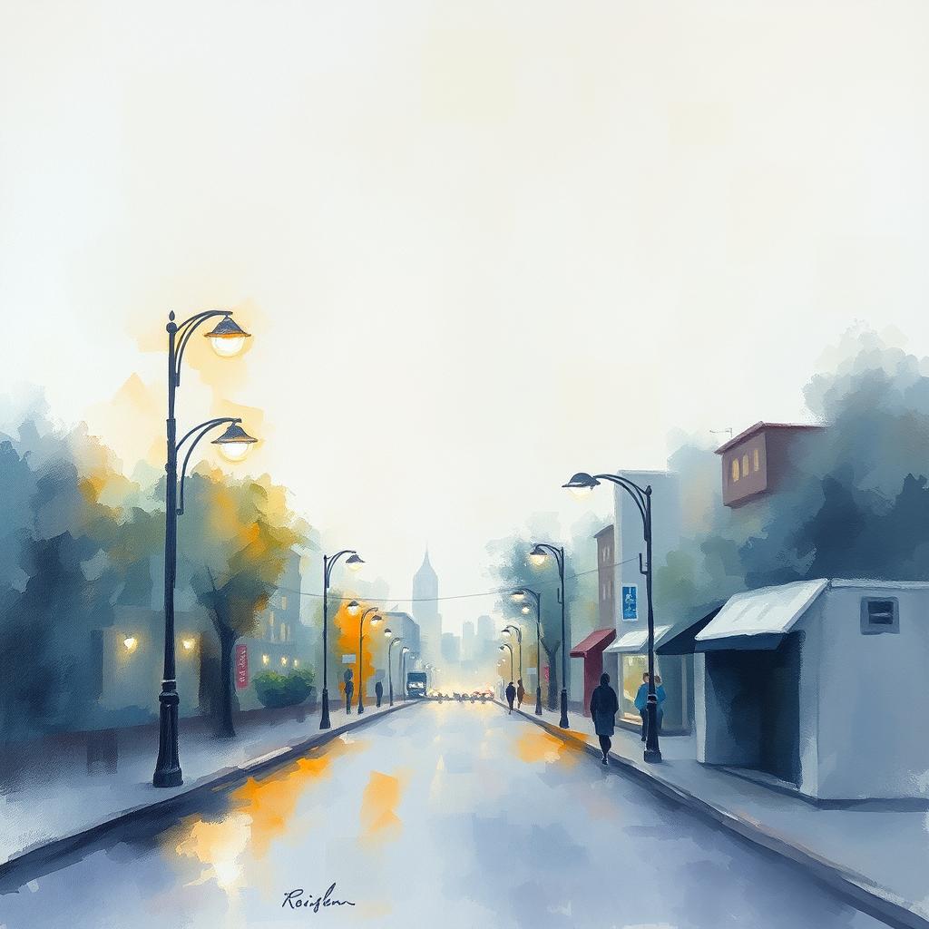 Pale-colored wide brush watercolor Impressionism painting on rough plaster canvas, depicting a landscape in an evening street