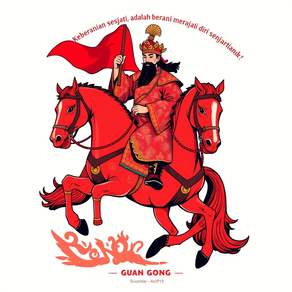 A creative t-shirt design featuring an imaginative Indonesian-inspired Guan Gong