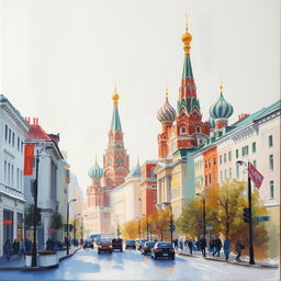 Pale-colored wide brush watercolor Impressionism painting on rough plaster canvas, depicting a landscape in a Moscow street