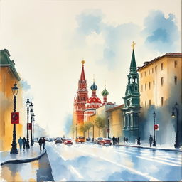 Pale-colored wide brush watercolor Impressionism painting on rough plaster canvas, depicting a landscape in a Moscow street