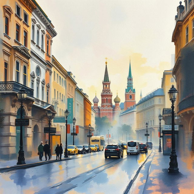 Pale-colored wide brush watercolor Impressionism painting on rough plaster canvas, depicting a landscape in a Moscow street