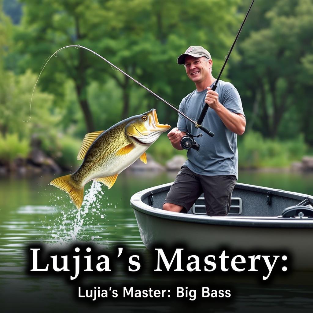 A realistic depiction of a man in a gray fishing T-shirt standing on a boat, casting a fishing rod and reel into the water