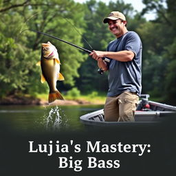 A realistic depiction of a man in a gray fishing T-shirt standing on a boat, casting a fishing rod and reel into the water