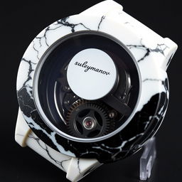 A watch case made of mixed white and black plastic that gives the appearance of marble, featuring the company name "Suleymanov"