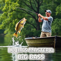 A realistic depiction of a man in a gray fishing T-shirt standing on a boat, casting a fishing rod and reel into the water