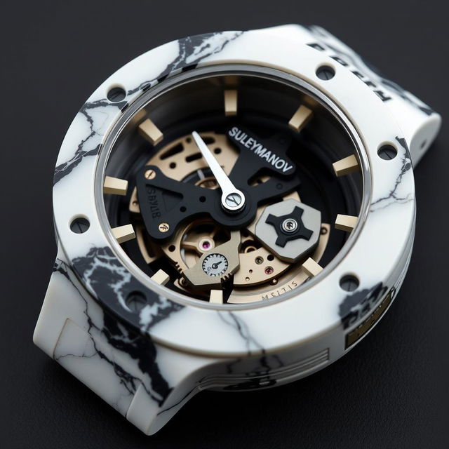 A watch case made of mixed white and black plastic that gives the appearance of marble, featuring the company name "Suleymanov"