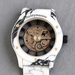 A watch case made of mixed white and black plastic that gives the appearance of marble, featuring the company name "Suleymanov"