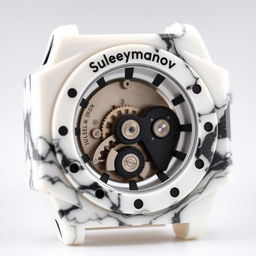 A watch case made of mixed white and black plastic that gives the appearance of marble, featuring the company name "Suleymanov"