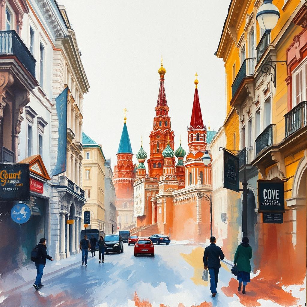 Pale-colored wide brush watercolor Impressionism painting on rough plaster canvas, portraying a landscape in a Moscow street