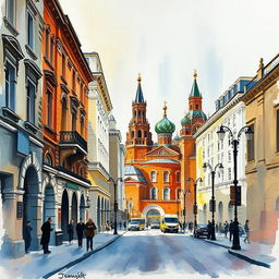 Pale-colored wide brush watercolor Impressionism painting on rough plaster canvas, portraying a landscape in a Moscow street