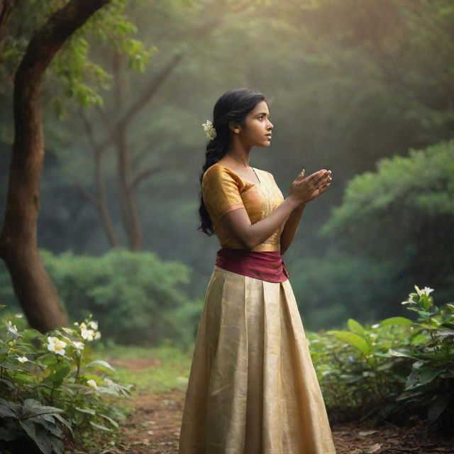 A Sri Lankan girl in traditional attire is passionately debating amidst a magical environment, surrounded by ethereal light and enchanting flora.