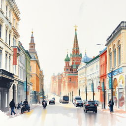 Pale-colored wide brush watercolor Impressionism painting on rough plaster canvas, portraying a landscape in a Moscow street