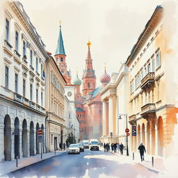 Pale-colored wide brush watercolor Impressionism painting on rough plaster canvas, portraying a landscape in a Moscow street