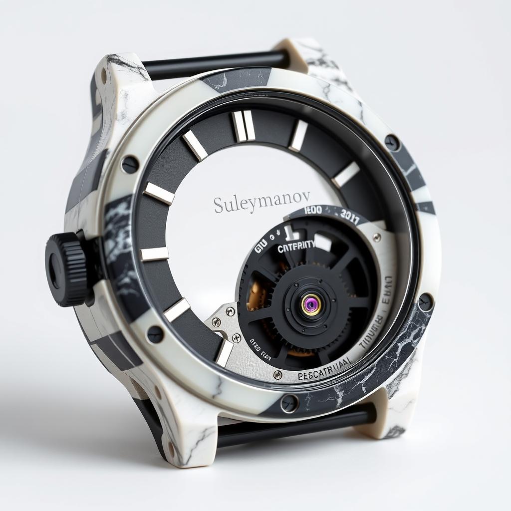 A watch case crafted from a blend of white and black plastic, creating a marble-like appearance, and proudly displaying the company name "Suleymanov"