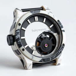 A watch case crafted from a blend of white and black plastic, creating a marble-like appearance, and proudly displaying the company name "Suleymanov"