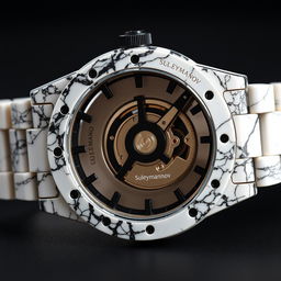 A watch case crafted from a blend of white and black plastic, creating a marble-like appearance, and proudly displaying the company name "Suleymanov"