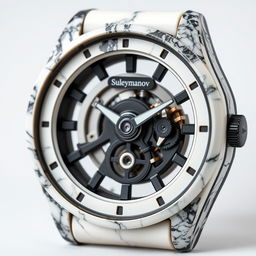 A watch case crafted from a blend of white and black plastic, creating a marble-like appearance, and proudly displaying the company name "Suleymanov"