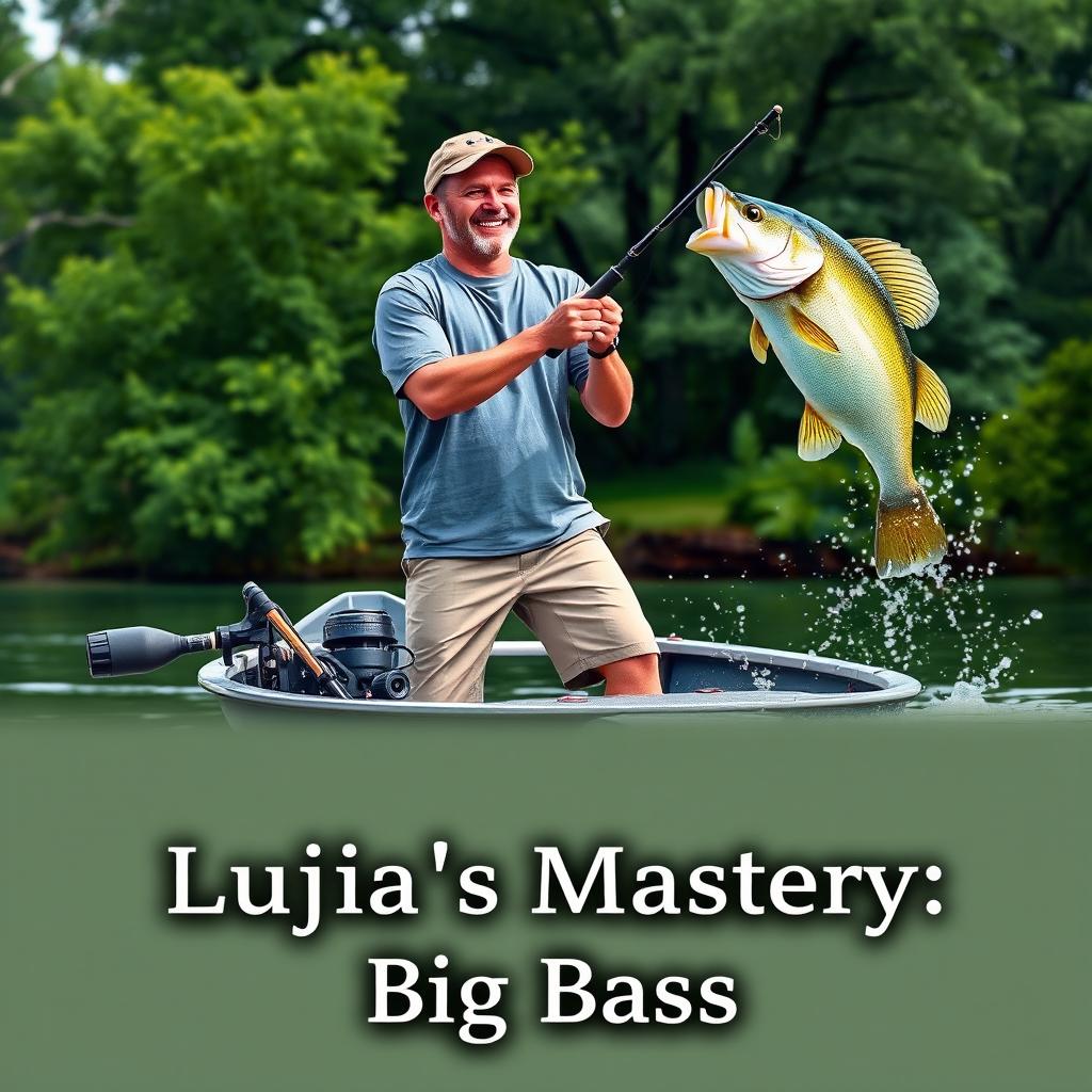 A realistic depiction of a man in a gray fishing T-shirt standing on a boat, casting a fishing rod and reel into the water