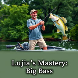 A realistic depiction of a man in a gray fishing T-shirt standing on a boat, casting a fishing rod and reel into the water