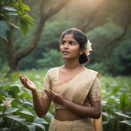 A Sri Lankan girl in traditional attire is passionately debating amidst a magical environment, surrounded by ethereal light and enchanting flora.