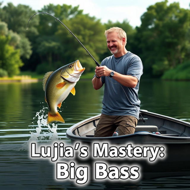 A realistic depiction of a man in a gray fishing T-shirt standing on a boat, casting a fishing rod and reel into the water