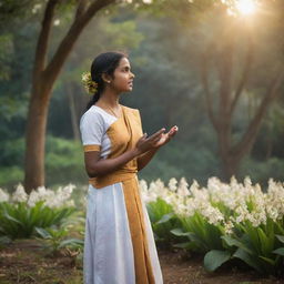 A Sri Lankan girl in traditional attire is passionately debating amidst a magical environment, surrounded by ethereal light and enchanting flora.