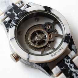 A watch case made of mixed white and black plastic that gives the appearance of marble, featuring the company name "Suleymanov"