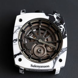 A watch case made of mixed white and black plastic that gives the appearance of marble, featuring the company name "Suleymanov"