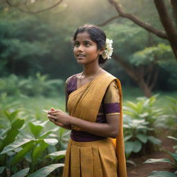 A Sri Lankan girl in traditional attire is passionately debating amidst a magical environment, surrounded by ethereal light and enchanting flora.