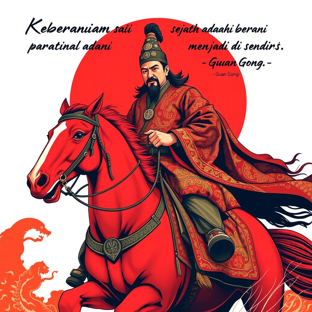 Guan Gong, the legendary Chinese general, is depicted riding a red horse