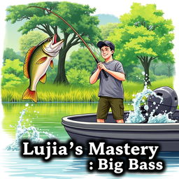 A realistic illustration of a man in a gray fishing T-shirt standing on a boat, casting a fishing rod and reel into the water