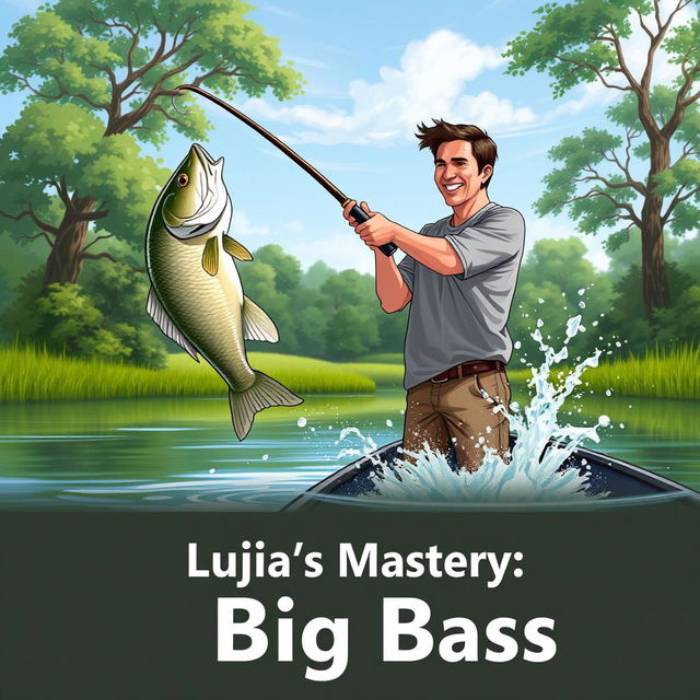 A realistic illustration of a man in a gray fishing T-shirt standing on a boat, casting a fishing rod and reel into the water