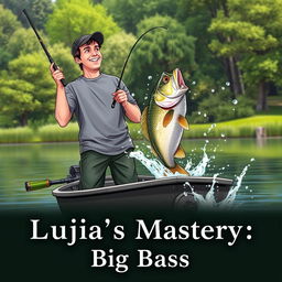 A realistic illustration of a man in a gray fishing T-shirt standing on a boat, casting a fishing rod and reel into the water