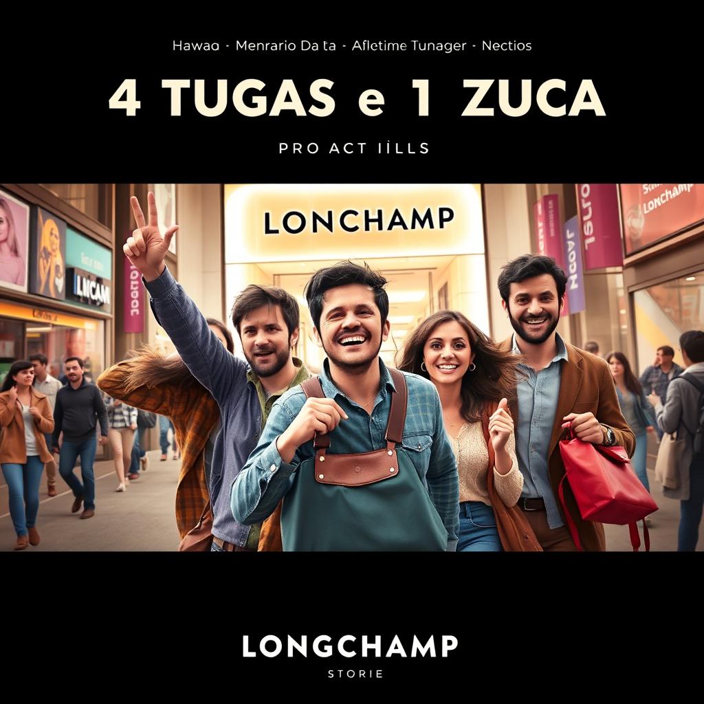 A movie poster for the film titled '4 Tugas e 1 Zuca: Longchamp ECI'