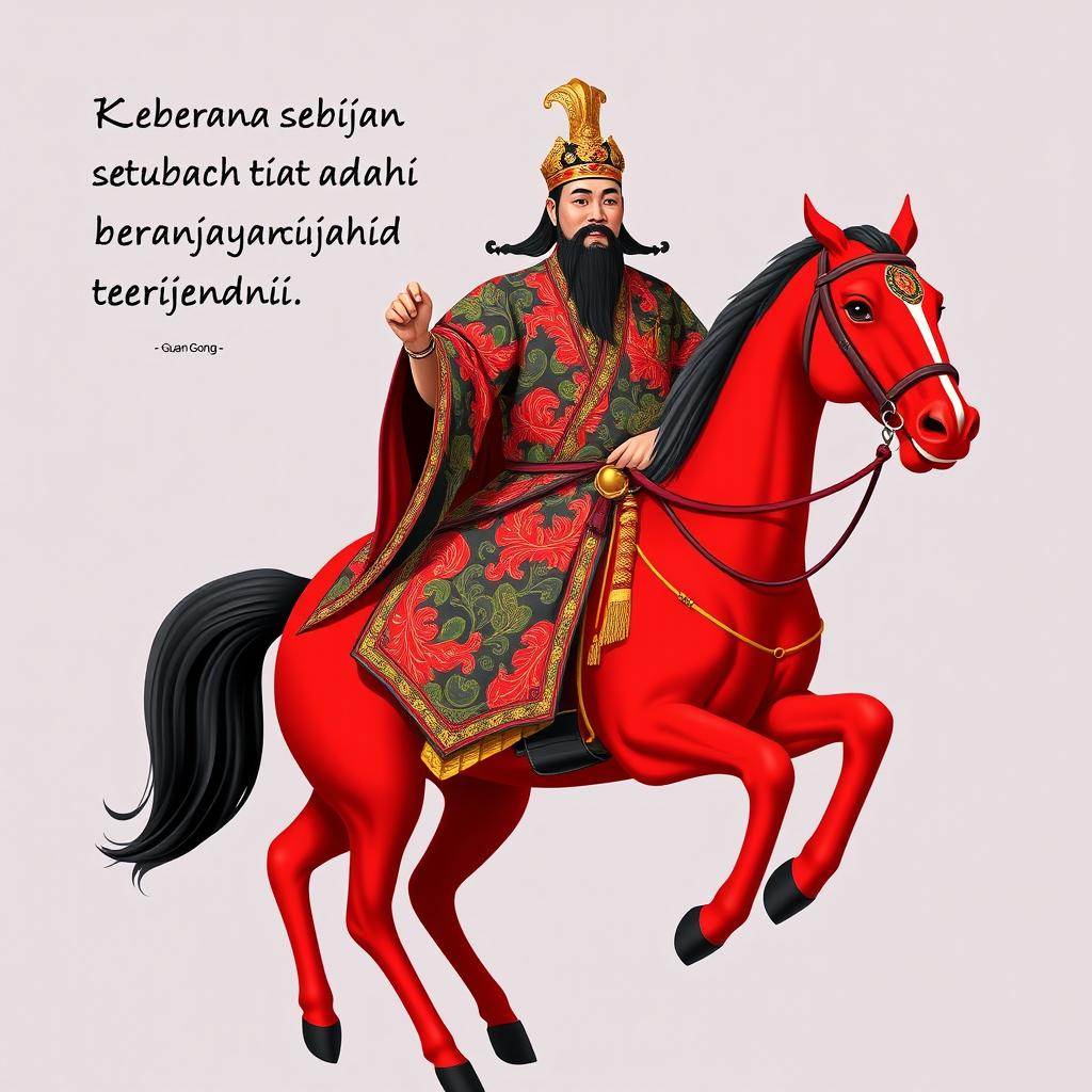 Guan Gong, the legendary Chinese general, is beautifully rendered on a red horse, wearing traditional Indonesian batik attire featuring vibrant and intricate Nusantara patterns