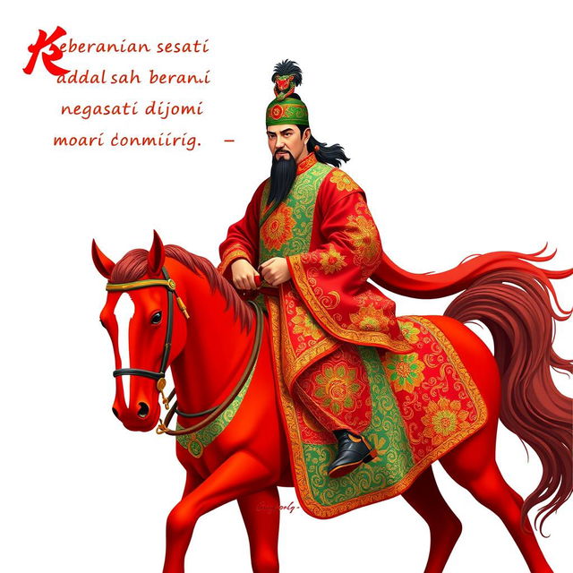 Guan Gong, the legendary Chinese general, is beautifully rendered on a red horse, wearing traditional Indonesian batik attire featuring vibrant and intricate Nusantara patterns