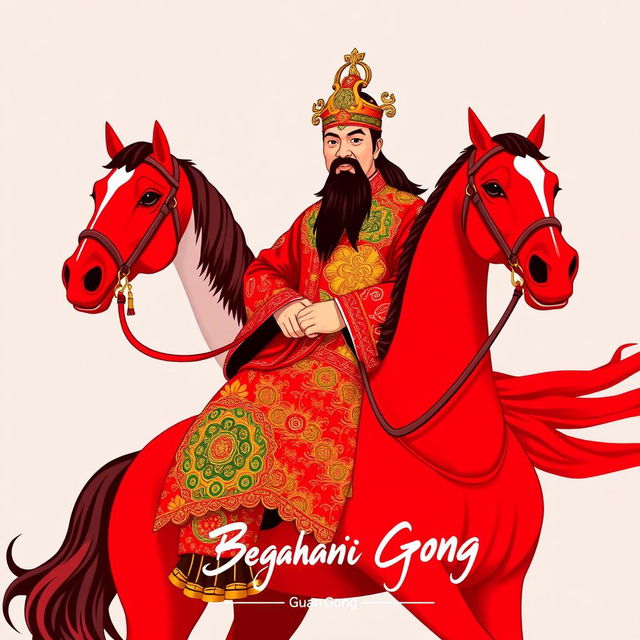 Guan Gong, the legendary Chinese general, is beautifully rendered on a red horse, wearing traditional Indonesian batik attire featuring vibrant and intricate Nusantara patterns