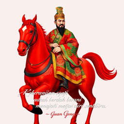 Guan Gong, the legendary Chinese general, is beautifully rendered on a red horse, wearing traditional Indonesian batik attire featuring vibrant and intricate Nusantara patterns